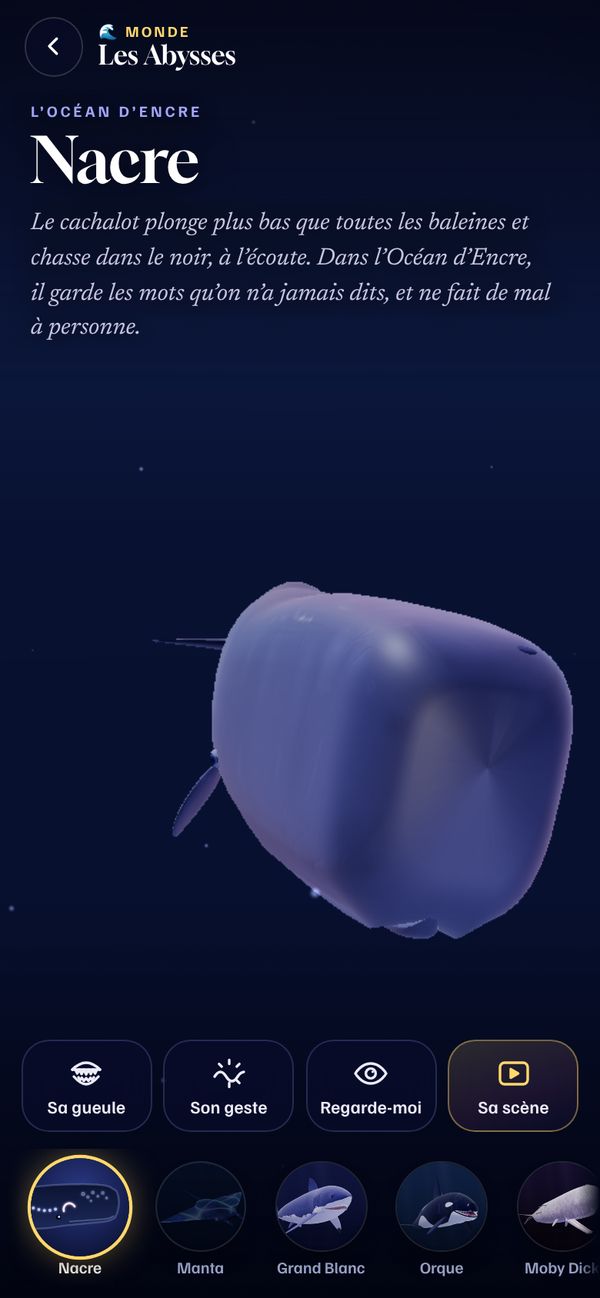 Capture du site : les Abysses, un cachalot bleu nuit modélisé en 3D, avec sa fiche.