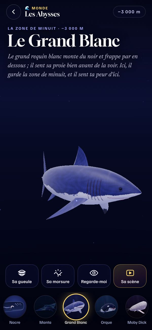 Capture du site : le Grand Blanc, un requin modélisé en 3D, avec sa fiche « La zone de minuit, moins 3 000 mètres ».