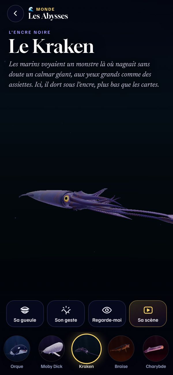 Capture du site : le Kraken, un calmar géant aux yeux jaunes, dans le noir des Abysses.