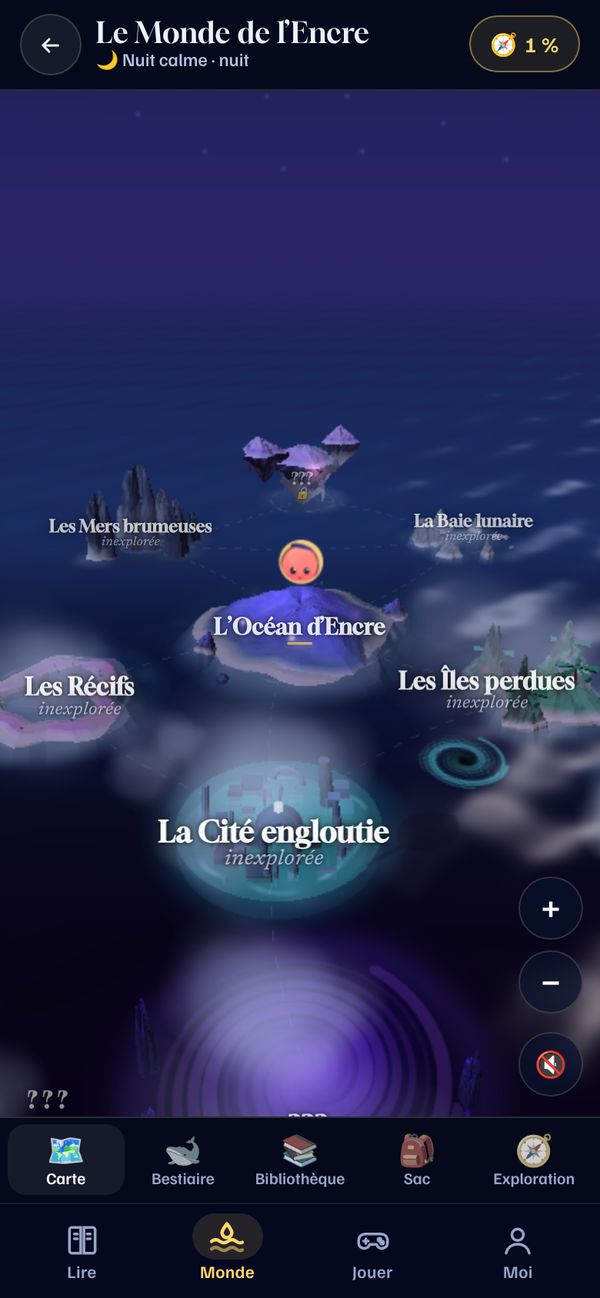 Capture du site : la carte du Monde de l’Encre, des îles flottantes dans la nuit, la plupart encore inexplorées.