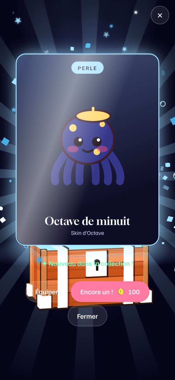 Capture du site : un coffre ouvert d’où sort une carte « Octave de minuit, tenue d’Octave », rareté Perle.