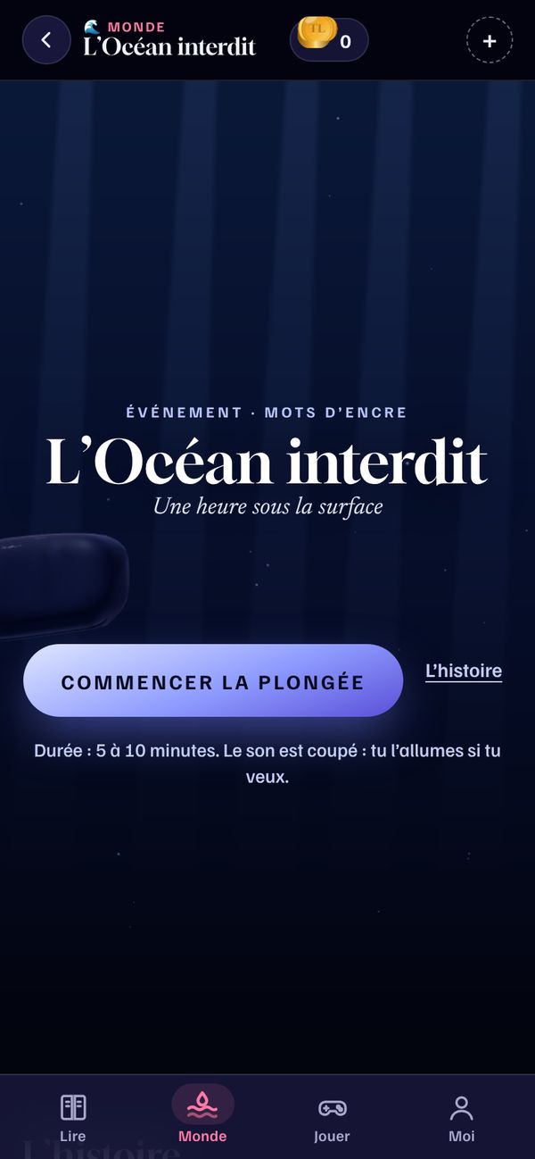 Capture du site : la page de l’événement « L’Océan interdit, une heure sous la surface », avec le bouton « Commencer la plongée ».
