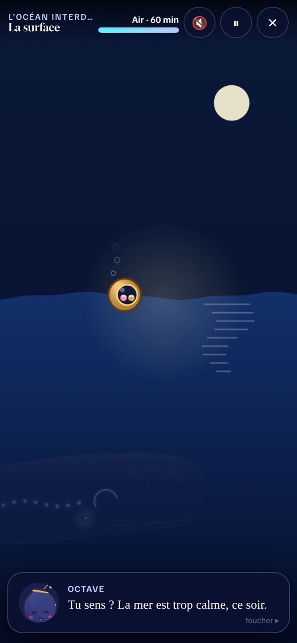 Capture du site : l’Océan interdit, une cloche de plongée à la surface d’une mer sombre, une jauge d’air en haut.
